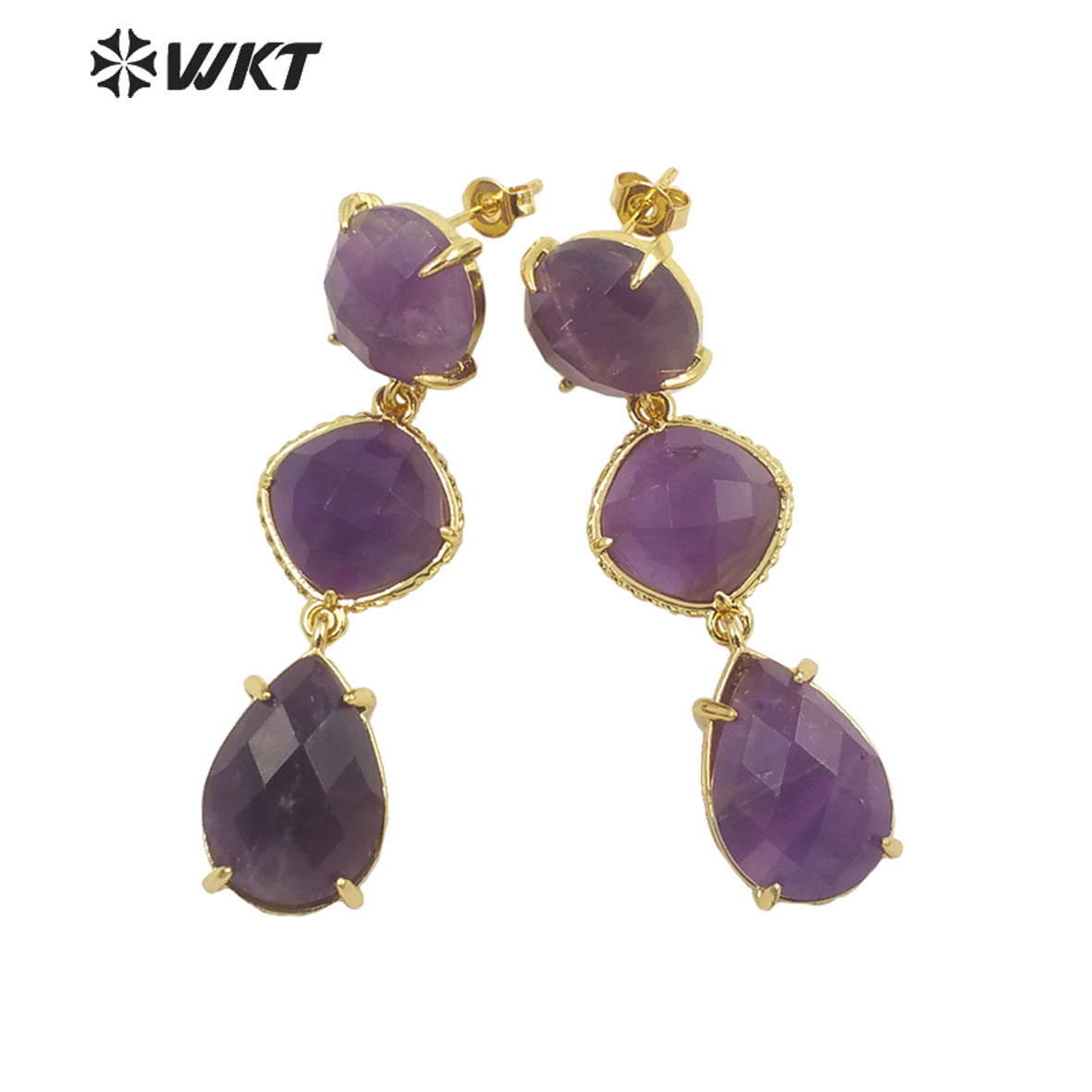 WT-E689 Wholesale Fashion Triple Stone Long Dangle Earrings Gorgeous Lady Prong Setting Natural Gemstone Birthday Stone Earrings