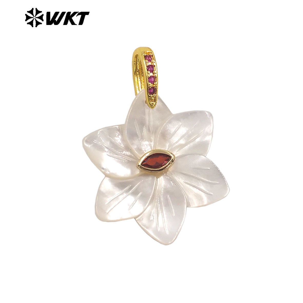 WT-JP479 Factory Wholesale Colorful Zircon And White Shell Carved Flower Shape Gold Pendant As Handmade Jewelry Findings