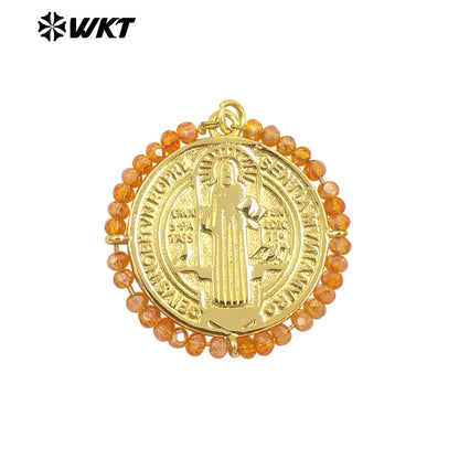 WT-MN991 Fashion Popular Women Wire Wrapped Brass 18K Gold St Benedict Medal Necklace With Crystal Decorate Religious Jewelry