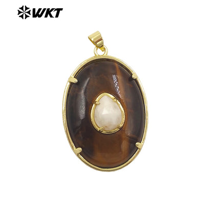 WT-P2066 Newest Gold Electroplated Colorful Natural Gemstones With Zircon Round Pendants As Handmade Necklace Findings