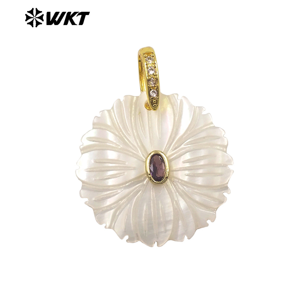 WT-JP481 Classic Design Colorful Zircon And White Shell Hand Carved Round Gold Pendant For Necklace Jewelry Making Accessory