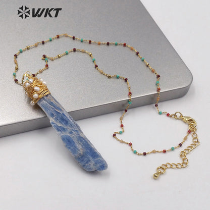 WT-N1217 Popular Wire Wrapped Blue Kyanite Necklace Fashion Lady Charm Jewelry Raw Blue Kyanite Necklace