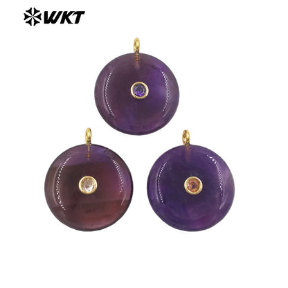 WT-P2086 Good Quality Amethyst Various Natural Gemstone And Zircon Round Gold Pendant For Simple Style Necklace Earring Making