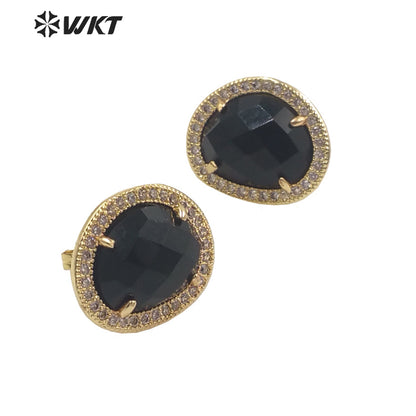 WT-ME085 WKT Natural Gemstone With Micropaved Cubic Zircon Studs Precious Birthday Stone Studs for Friend Gift