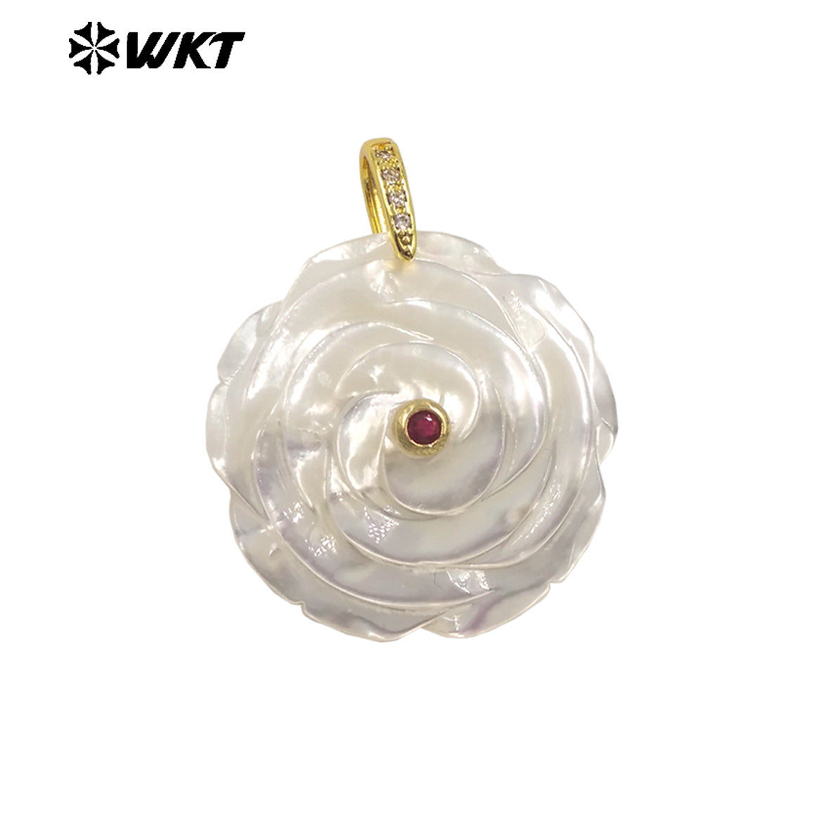 WT-JP474 High Quality Zircon Setting In Mother Of Pearl Hand Carved Flower Shape Gold Pendants As Necklace DIY Accessories