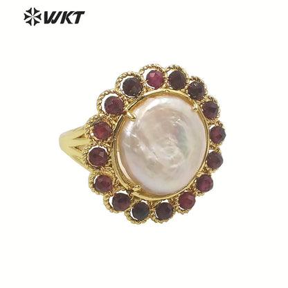 WT-MPR061 Vintage Design Natural Stone & Freshwater Pearl Stravagante 18k Gold Plating Women Pearl Boho Ring for Gift