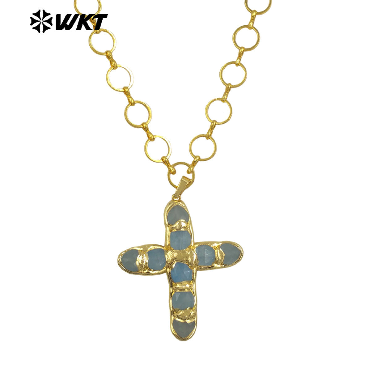 WT-N1491 Amazing High Quality Natural Gemstone Christian Necklace Cross Shape Gold Plated Circle Chain in Multi Colors