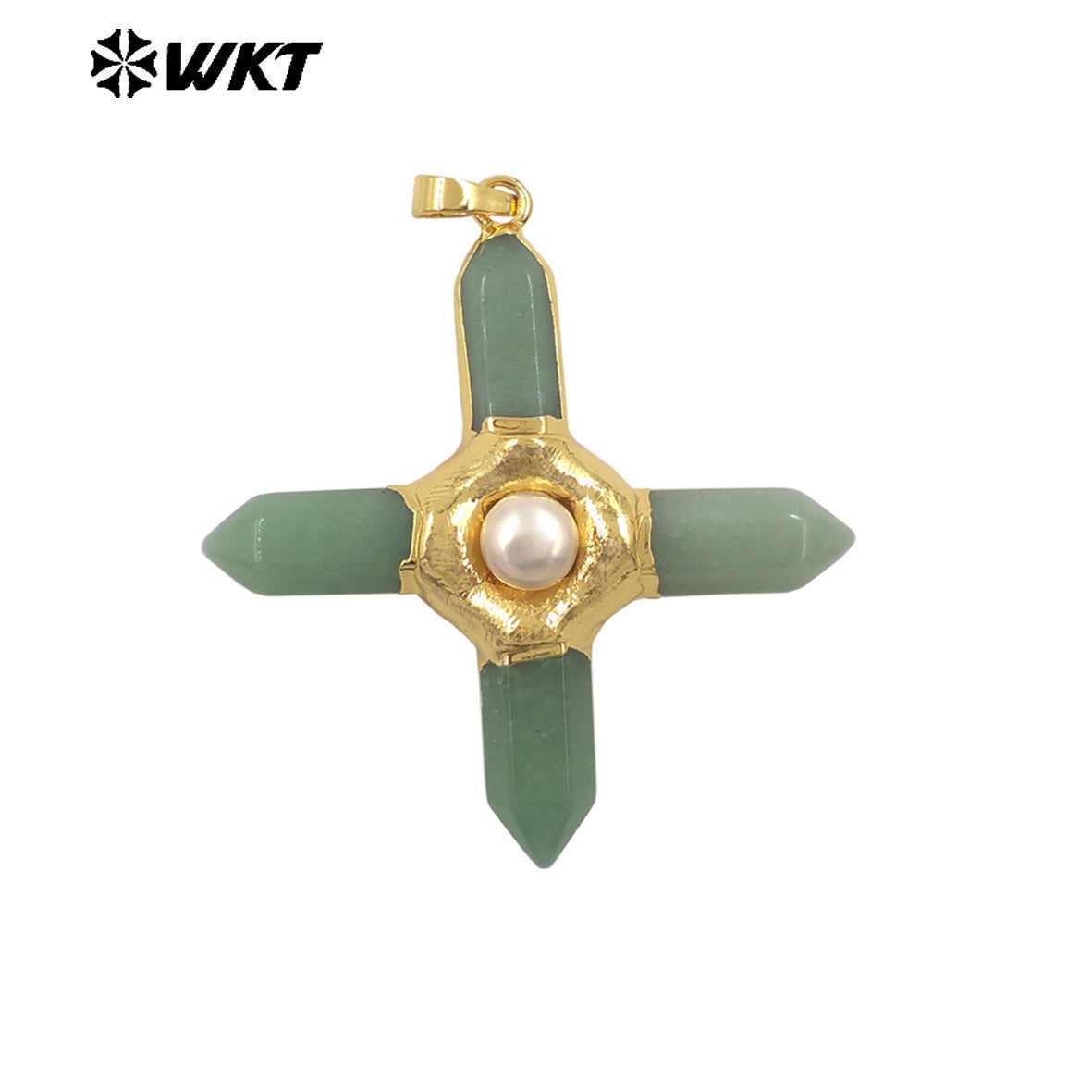 WT-P1967 Wholesale Fashion Gold Plated Cross Healing Energy Gemstone Point Anchor Pendants Special Rose Quartz Jewelry