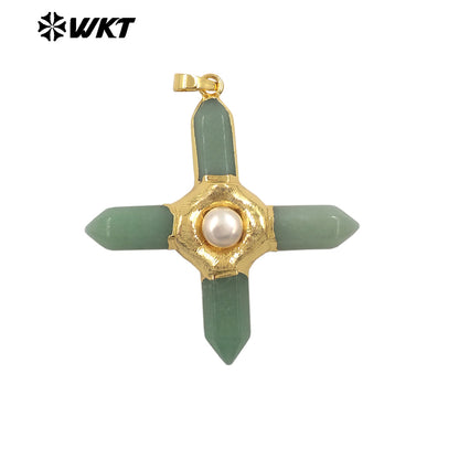 WT-P1967 Wholesale Fashion Gold Plated Cross Healing Energy Gemstone Point Anchor Pendants Special Rose Quartz Jewelry