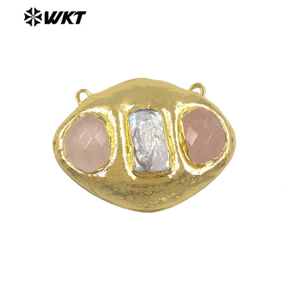 WT-PC021 Delicate 18K Gold Plated Two Natural Stones And Pearl Connectors With Double Hoops For Women Unique Necklace Design