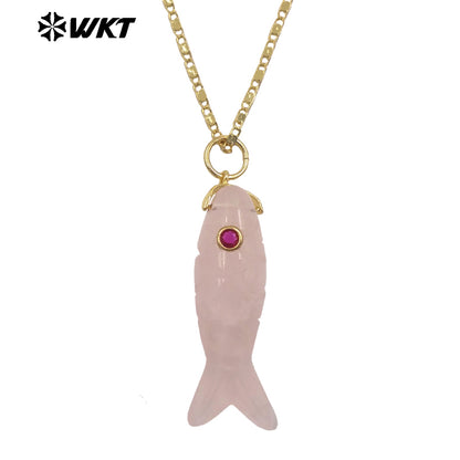 WT-N1512 Delicate Metal Thin Chain And Natural Gemstones Little Fish Shape Pendant Necklaces As Girls Elegant Accessories