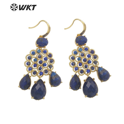 WT-E712 WKT Newest Precious Natural Gemstone Teardrop Earrings Labradorite Amethyst Stone Earrings for Party Gold Drop Earrings
