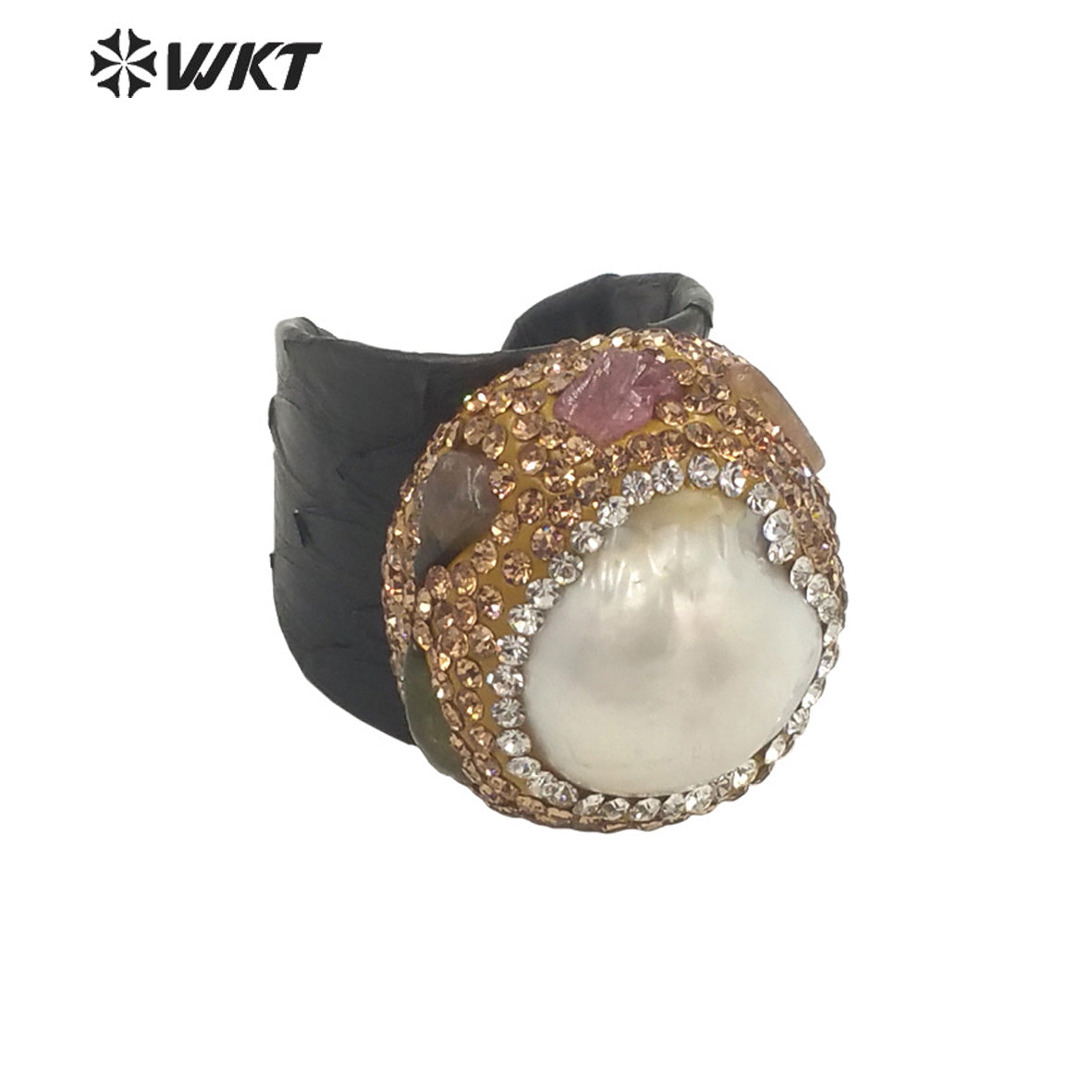 WT-MPR066 Gorgeous Baroque Pearl & Rhinestone Quartz Stone Ring With Pearl for Women Lucky Unique Design Stone Ring