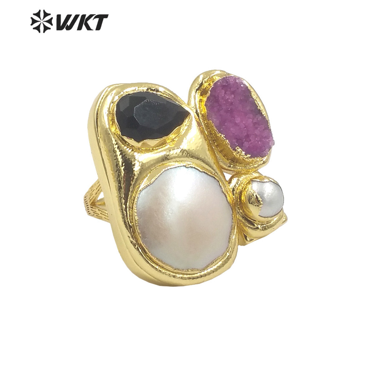 WT-MPR083 Newest Exclusive WKT Design 18k Real Gold Plated Resist Tarnishable Multi Stone and Pearl Women Ring in Adjustable
