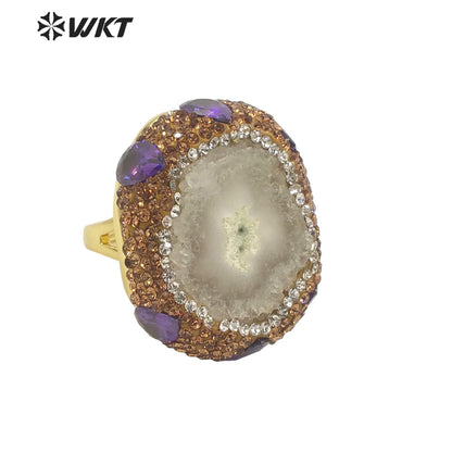 WT-MPR085 New Popular Handmade Design Gold Rhinestone and Freshwater Pearl Mabe Fashion Adjustable Zircon Ring