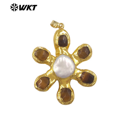 WT-JP473 Popular Fashion Gold Electroplated Natural Stones And Pearl Flower Shape Charm Pendants For Girls Birthday Gift