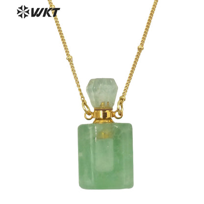 WT-N1285 Wholesale Gold Plated Natural Stone Rose Quartz square Essencial Oil Bottle Necklace Double Loop Perfume Necklace