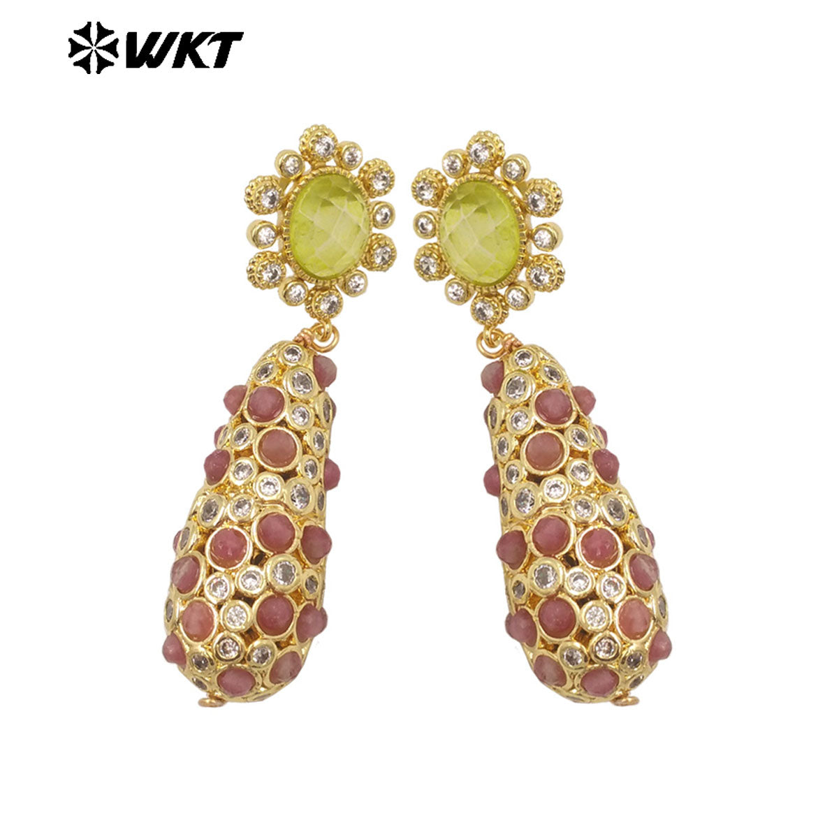 WT-E757 Amazing Popular Fashion Gold Plated Long Dangle Drop With Natural Stond Beads Setting Women Earrings