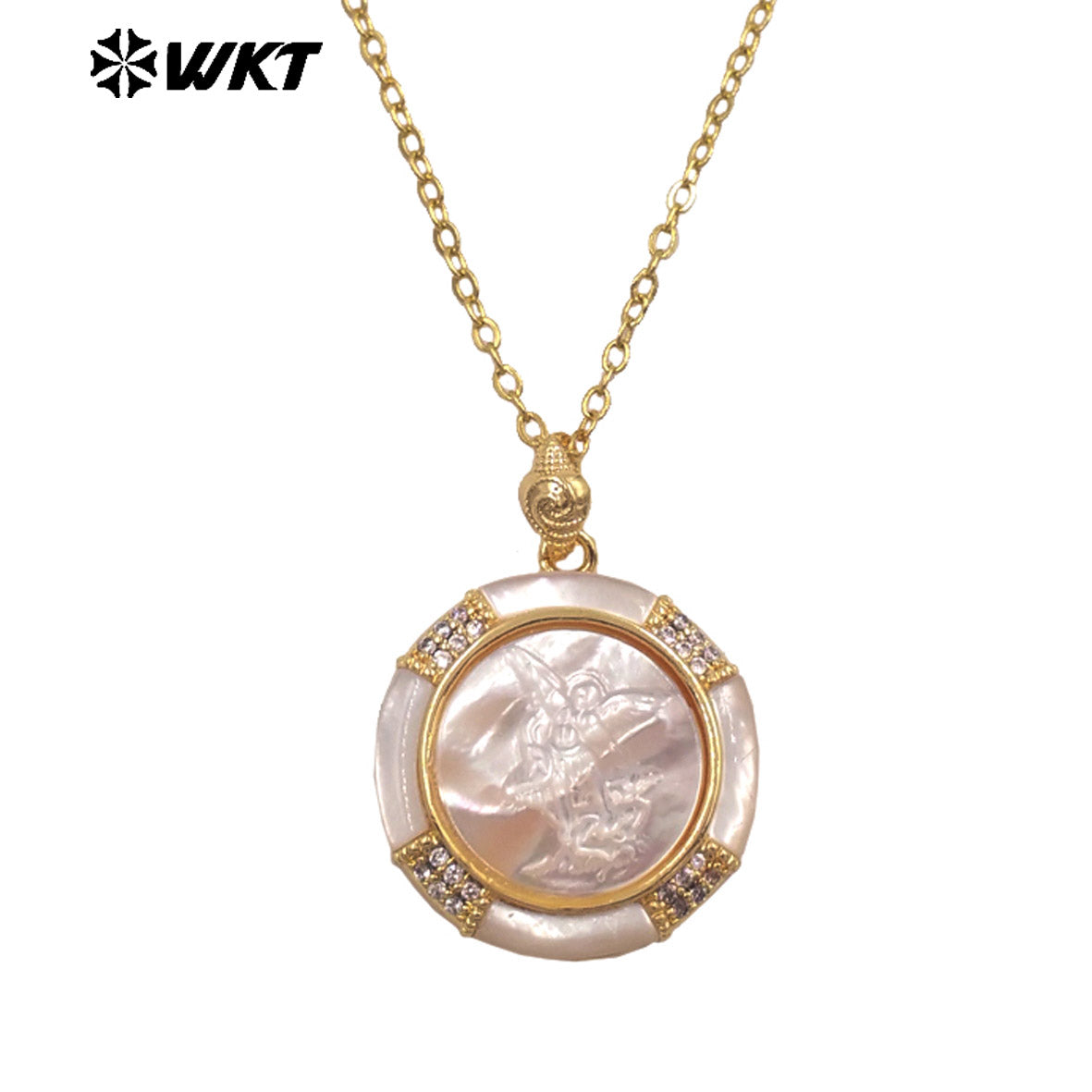 WT-JN364 Wholesale Gold Plated Natural Shell With Zircon Round Religious Style Pattern Pendant Necklace For Lady Jewelry