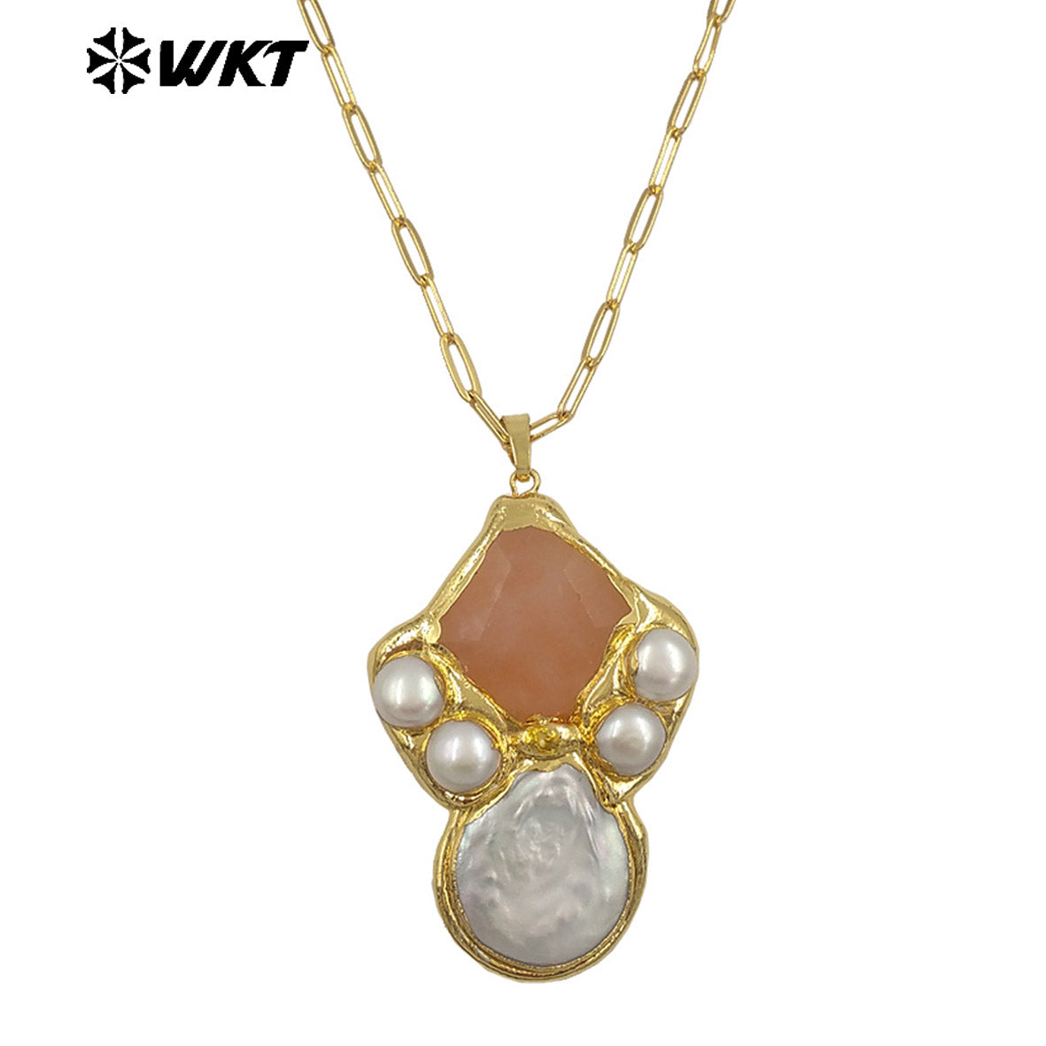 WT-JN345 Delicate Rectangle Chain With Gold Plated Natural Gemstones And Pearl Pendant Necklace For Unique Fashion Birthday Gift