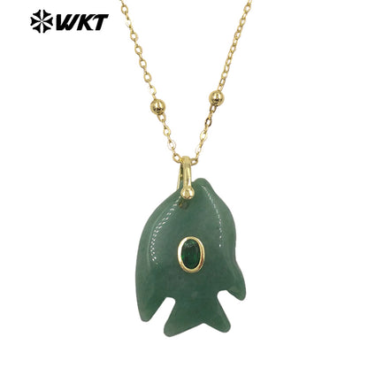 WT-N1511 Ocean Series Bead Chain And Zircon Setting In Natural Gemstones Fish Shape Pendant Necklace As Lady Trendy Matching