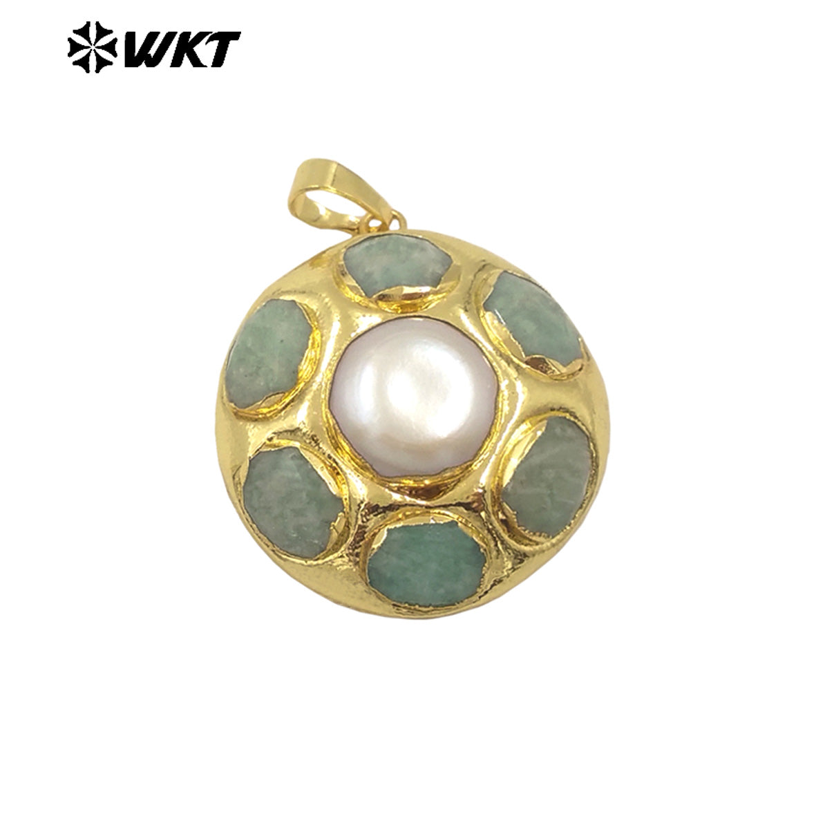 WT-JP411 Amazing Fashion Gold Plated Handmade Bezel Setting Natural Round Natural Stone and Pearl Flower Pendants