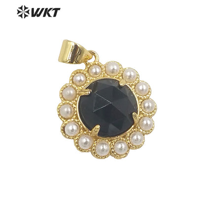 WT-JP358 Wholesale Fashion Gold Plated Stone With Claw Setting Artificial Shell Pearl Around Labradorite Gemstone Pendants