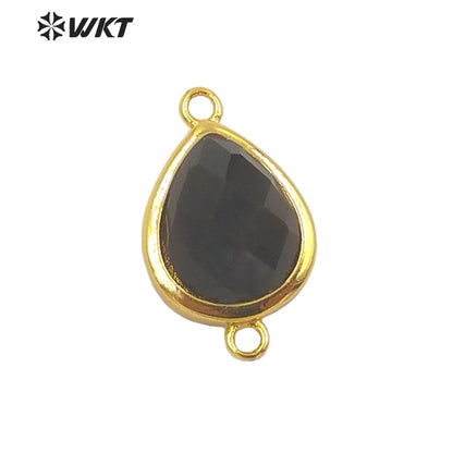 WT-C308 Lovely Natural Gemstone Teardrop Connector Pendants 18k Real Gold Plated Bezel Double Loops Drop Stone Charms