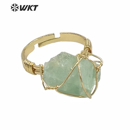 WT-R366 WKT New Design Gold Hand Make Wire Wrapped Mineral Stone Ring Women Fashion Hot Raw Quartz Fluorite Ring