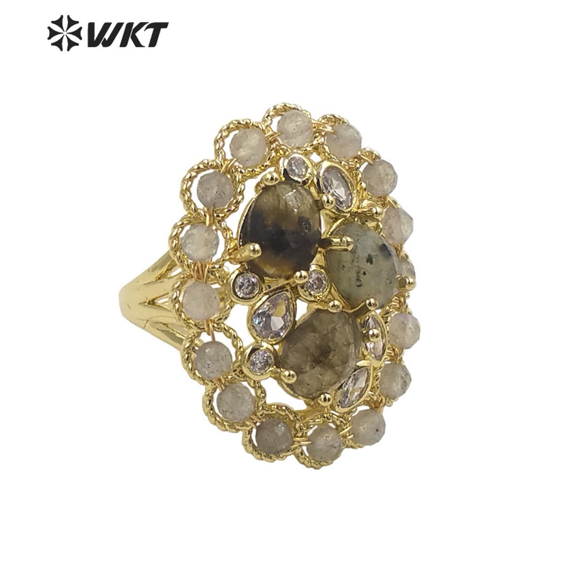 WT-R457 WKT New Design Fashion Gold Bezel Natural Stone by Claw Setting Ring Gorgeous Big Multi Real Stone Women Ring