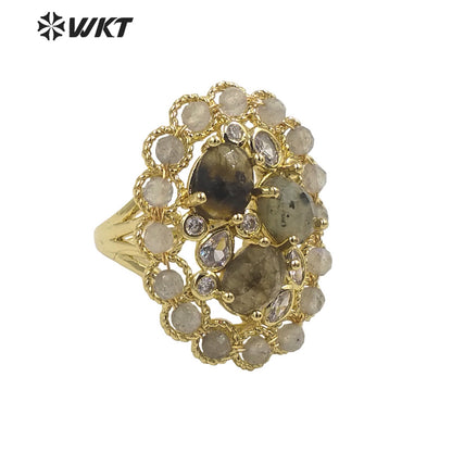 WT-R457 WKT New Design Fashion Gold Bezel Natural Stone by Claw Setting Ring Gorgeous Big Multi Real Stone Women Ring
