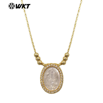 WT-JN389 Trending Religious Style 18K Gold Plated Oval And Square White Shell Pendant Necklace For Women Daily Wearing