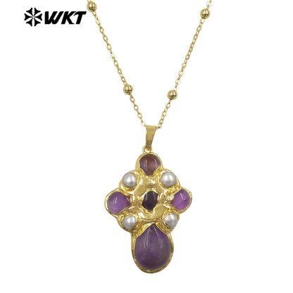 WT-JN297 Brand New Product Elegant 18K Gold Plated Pearl Turquoise Cross Unisex Pendant Necklace Fashion Jewelry Accessories