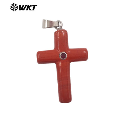 WT-P2070 Religious Style Silver Plated Zircon And Multi Natural Gemstones Cross Pendants As Boy Girl Handmade Jewelry Making