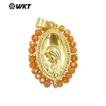 WT-MN995 WKT 18K Gold Plated Yellow Brass Metal Carved With Handmade Wire Wrapped Crystal Beads the Beauty Face Necklace