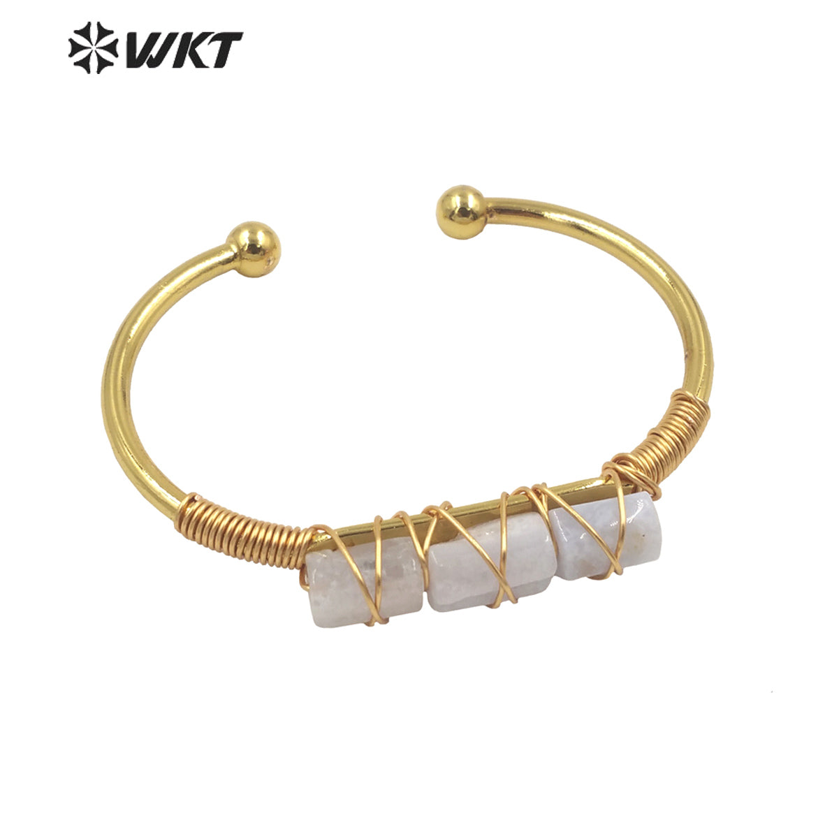WT-B615 Wholesale New Women Handmade Wire Wrapped Natural Gemstone Cuff Bangle in Open Size Boho Stone Bangle for Friends