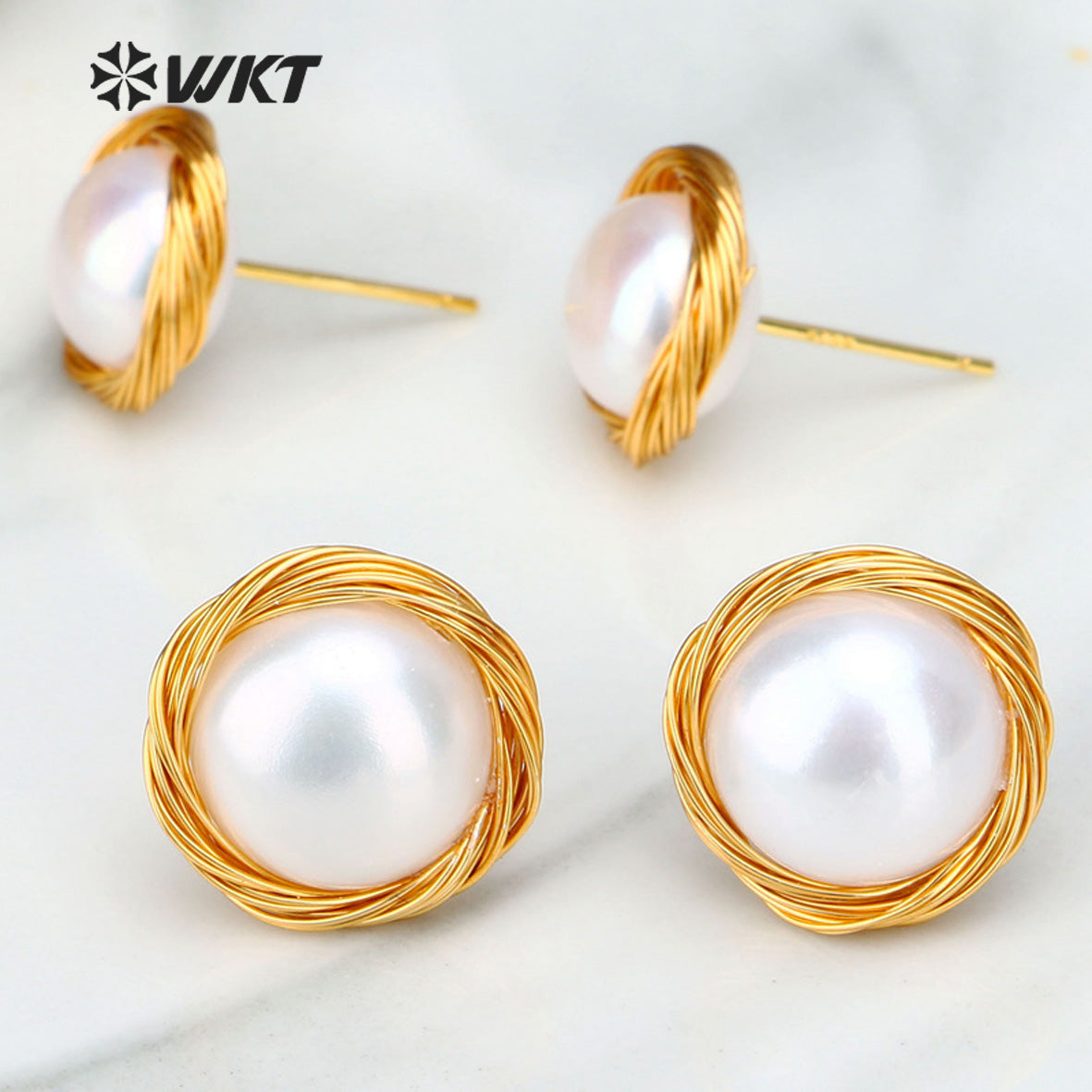 WT-E530 New Design Elegant and Beautiful Natural Freshwater Pearl Earring Wire Wrapped Natural Pearl Studs Round Pearl Earring