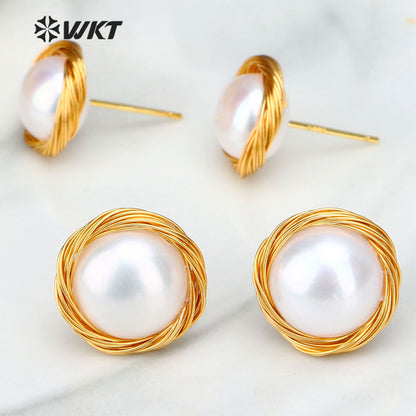 WT-E530 New Design Elegant and Beautiful Natural Freshwater Pearl Earring Wire Wrapped Natural Pearl Studs Round Pearl Earring