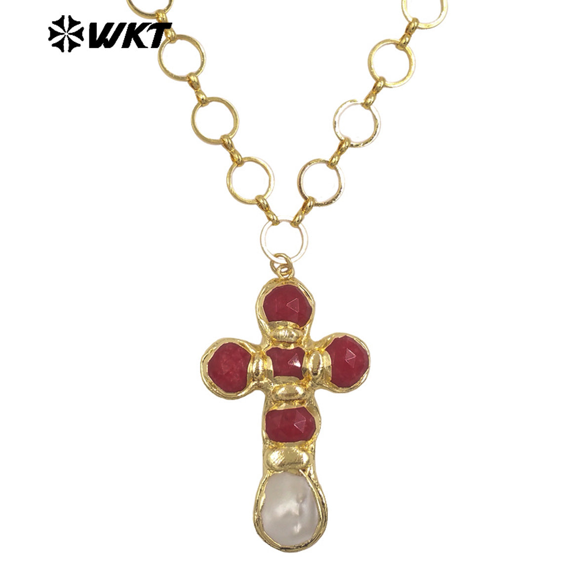 WT-JN374 Factory Wholesale Metal Chain With Natural Gemstone And White Shell Cross Pendant Necklace As Girl Daily Jewelry