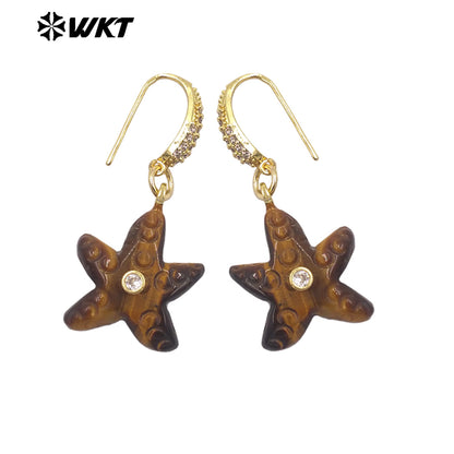 WT-E815 Interesting And Delicate Multiple Natural Gemstones Starfish Shape Gold Earrings As Girl Friends Jewelry Present