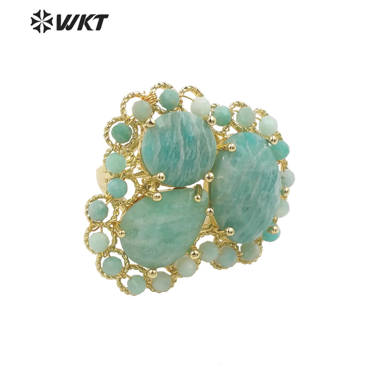WT-R452 Newest Gold Bezel Natural Gemstone Cocktail Ring Big Exaggerated Luxury Gold Plated Women Triple Stone Ring