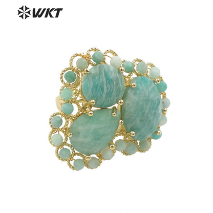 WT-R452 Newest Gold Bezel Natural Gemstone Cocktail Ring Big Exaggerated Luxury Gold Plated Women Triple Stone Ring