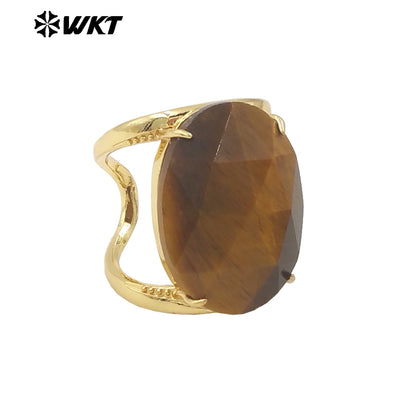 WT-R525 Simple Design 18K Real Gold Plated Claw Setting Faceted Natural Stone Cocktail Women Ring in Available Size
