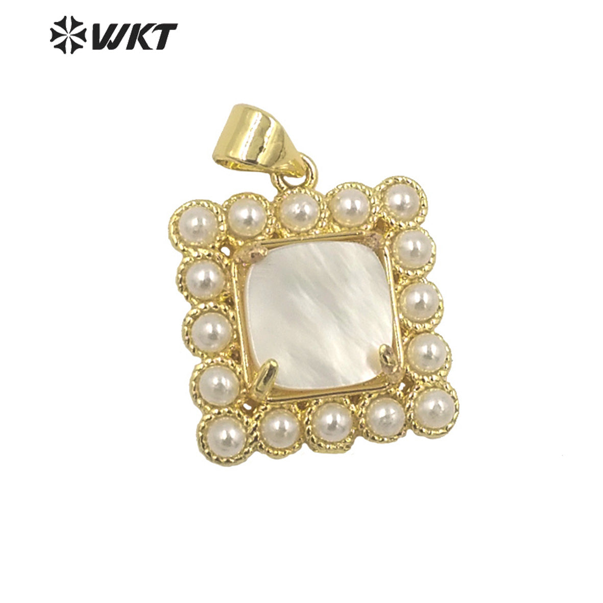 WT-JP356 Unique Gold Claw Setting Natural Square Abalone Shell Pendants With Artificial Pearl Charming Jewelry Pendants