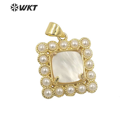 WT-JP356 Unique Gold Claw Setting Natural Square Abalone Shell Pendants With Artificial Pearl Charming Jewelry Pendants