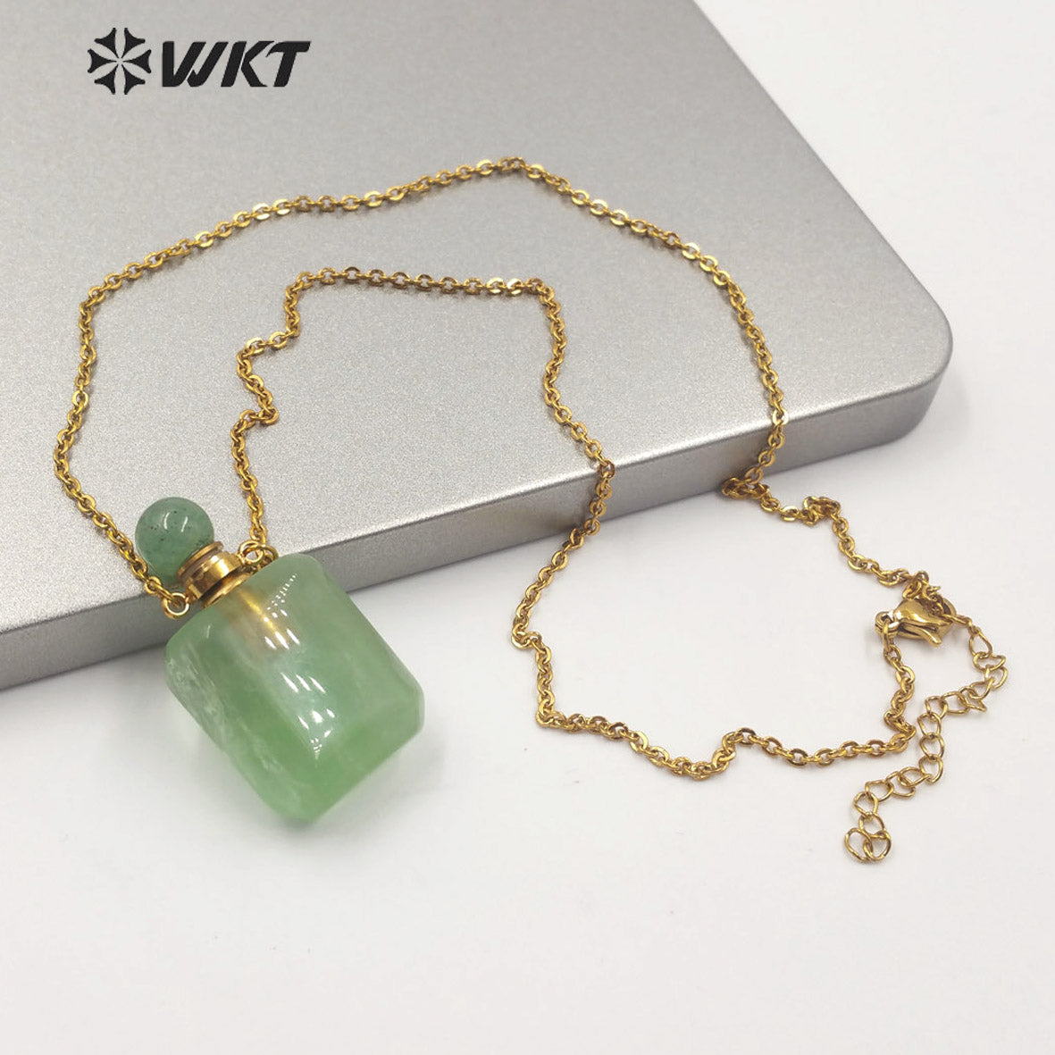 WT-N1190 New Exclusive Design Natural Gemstone Perfume Bottle Necklace in 18k Gold Plated Stylish Perfume Bottle Necklace