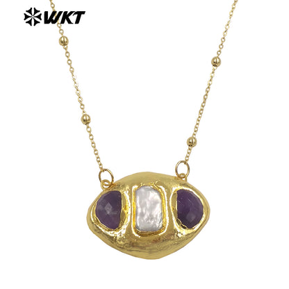 WT-JN403 Delicate Unique 18K Gold Plated Natural Gemstones And Pearl Pendant Necklaces For Girl Party Matching Decorative