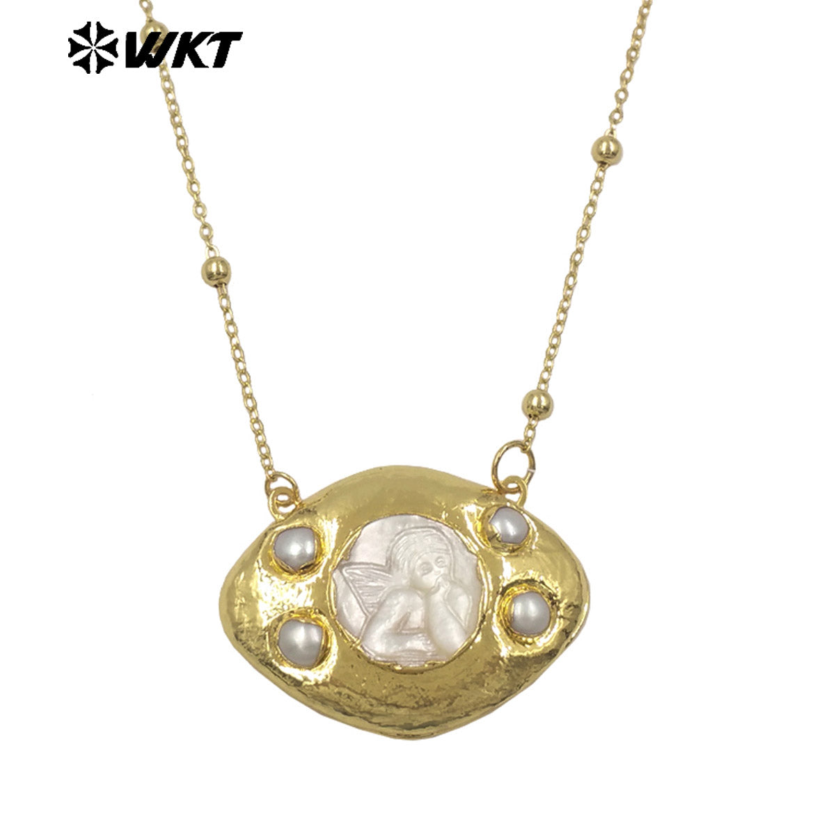 WT-JN391 High Quality Thin Bead Chain With Gold Electroplated Religious Patterns MOP Charms Necklaces For Lady Fashion Jewelry