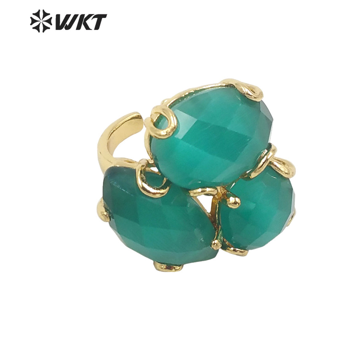 WT-R420 Europe Court style colorful Cat Eye stone Ring 18k real gold plated triple stone Flower Ring with Prong setting