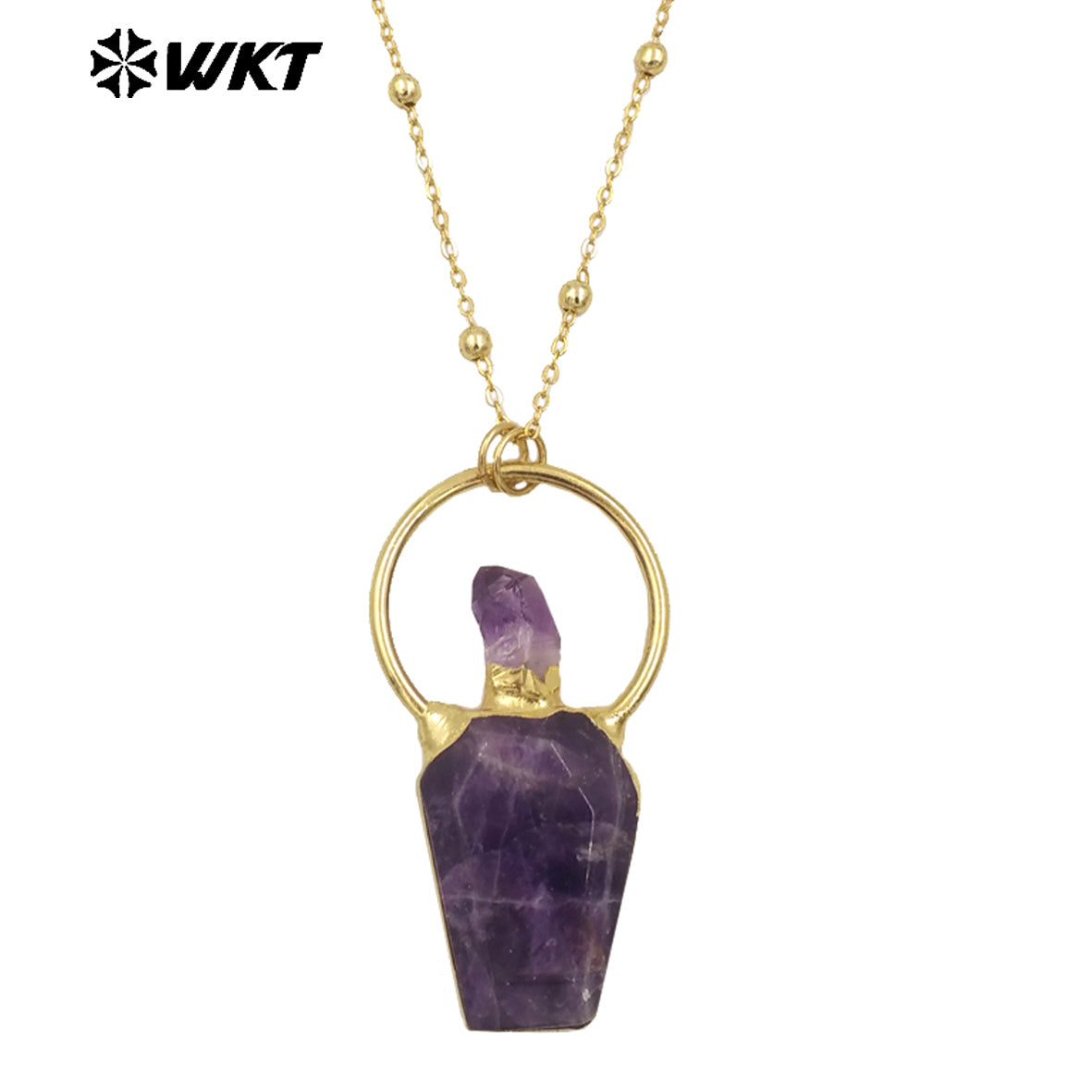 WT-N1465 Newest Fashion Gold Plated Gemstone Carved With Big Ring Hoop Charming Stone Necklace for Birthday Gift